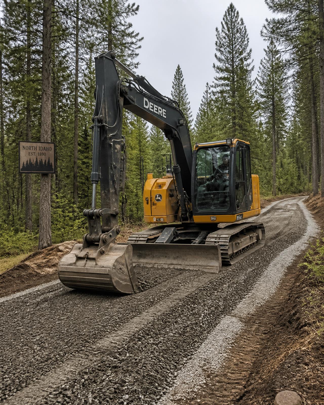 Excavator grading a gravel private road through a North Idaho forest