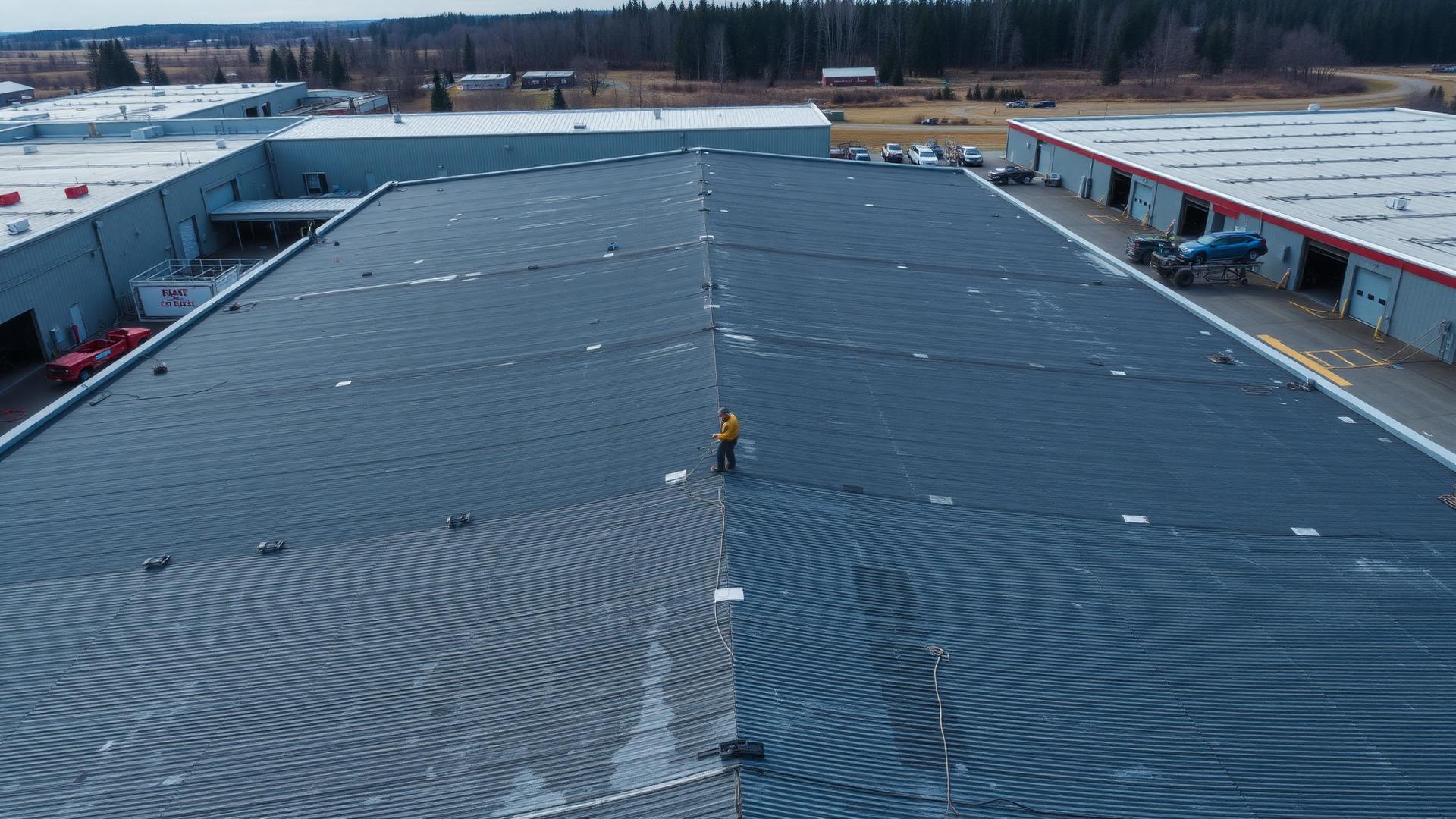 Aerial view of a large commercial flat roof being serviced by a roofing crew in North Idaho