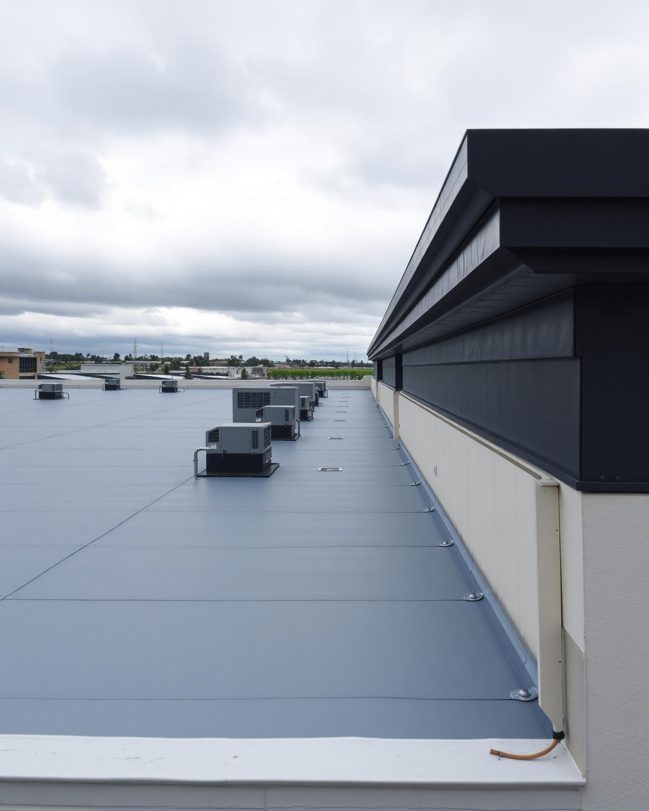 Commercial rooftop membrane with HVAC units and parapet edge under an overcast sky
