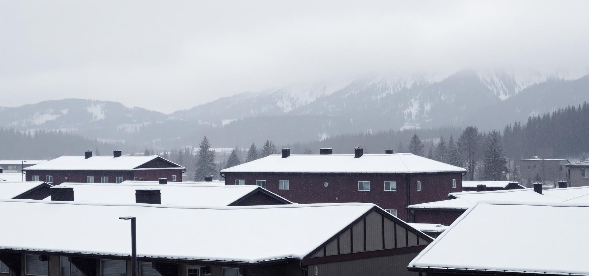 Snow-covered building roofs with the North Idaho mountains in the background